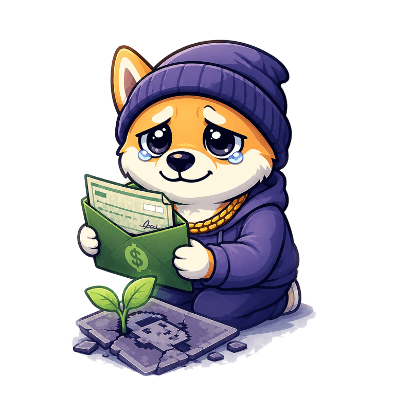 Rekt the NFT dog, cheered up, holding a green tax-refund envelope with a sprout growing from a dead JPEG