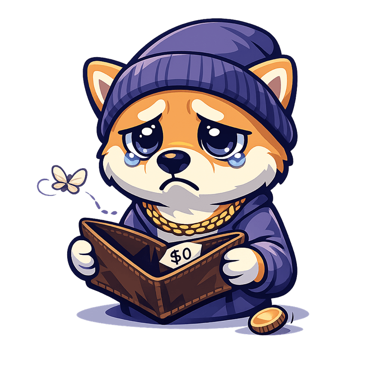 Rekt, a sad cartoon NFT dog holding an empty wallet marked $0